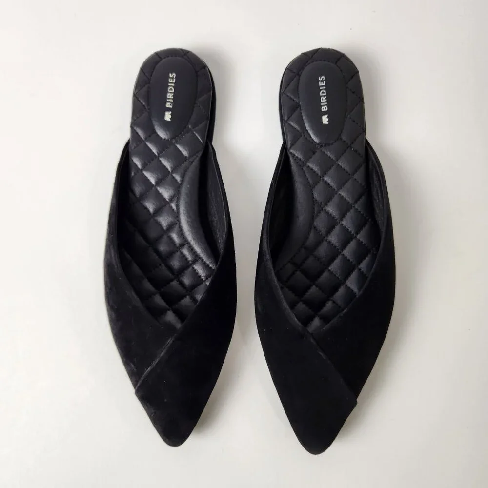 Birdies Shoes Womens 9.5 Black Swan Suede Mules Quilted Flats Leather Slip On - Picture 13 of 14
